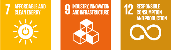This image showcases the three Sustainable Development Goals (SDGs) focused on by SAL: 7: Affordable and clean energy 9: Industry, innovation, and infrastructure 12: Responsible consumption and production